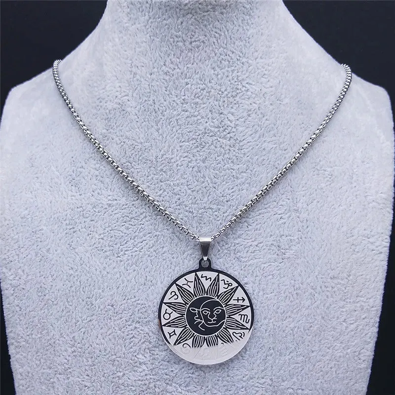 12 Constellations Sun Moon Astrology Stainless Steel Chain Necklace Divination Necklaces