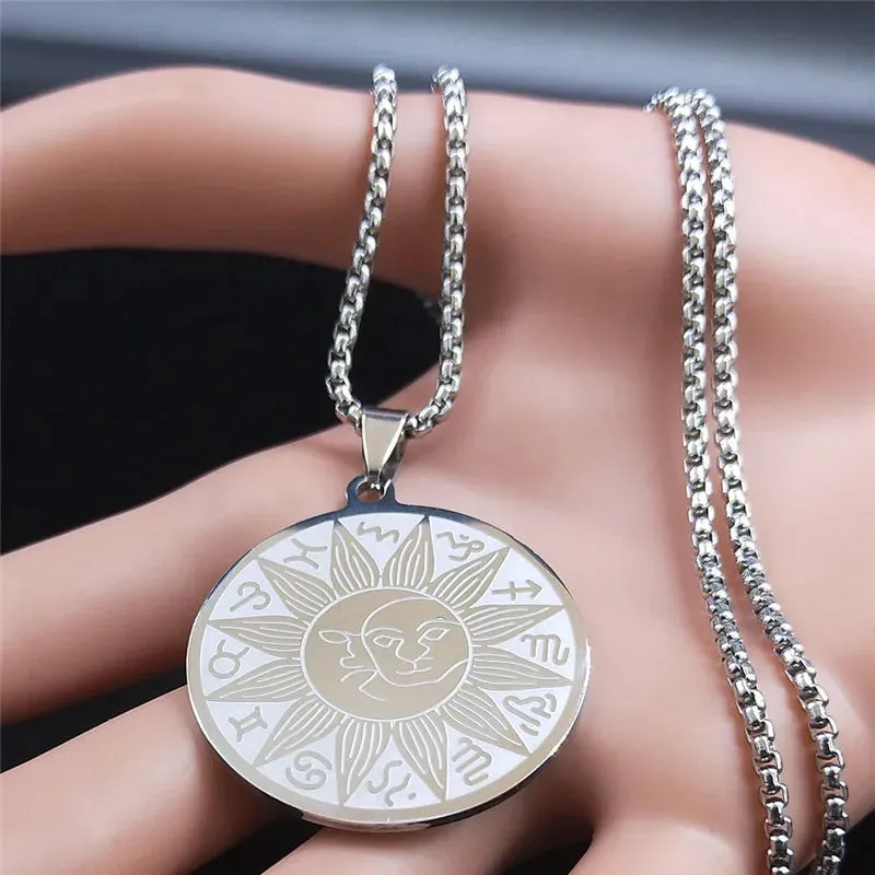 12 Constellations Sun Moon Astrology Stainless Steel Chain Necklace Divination Necklaces