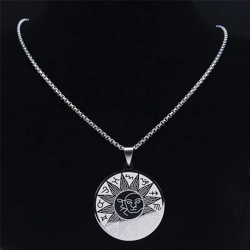 12 Constellations Sun Moon Astrology Stainless Steel Chain Necklace Divination Necklaces