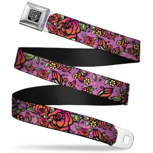 BD Wings Logo CLOSE-UP Full Color Black Silver Seatbelt Belt - Born to Blossom CLOSE-UP Pink Webbing