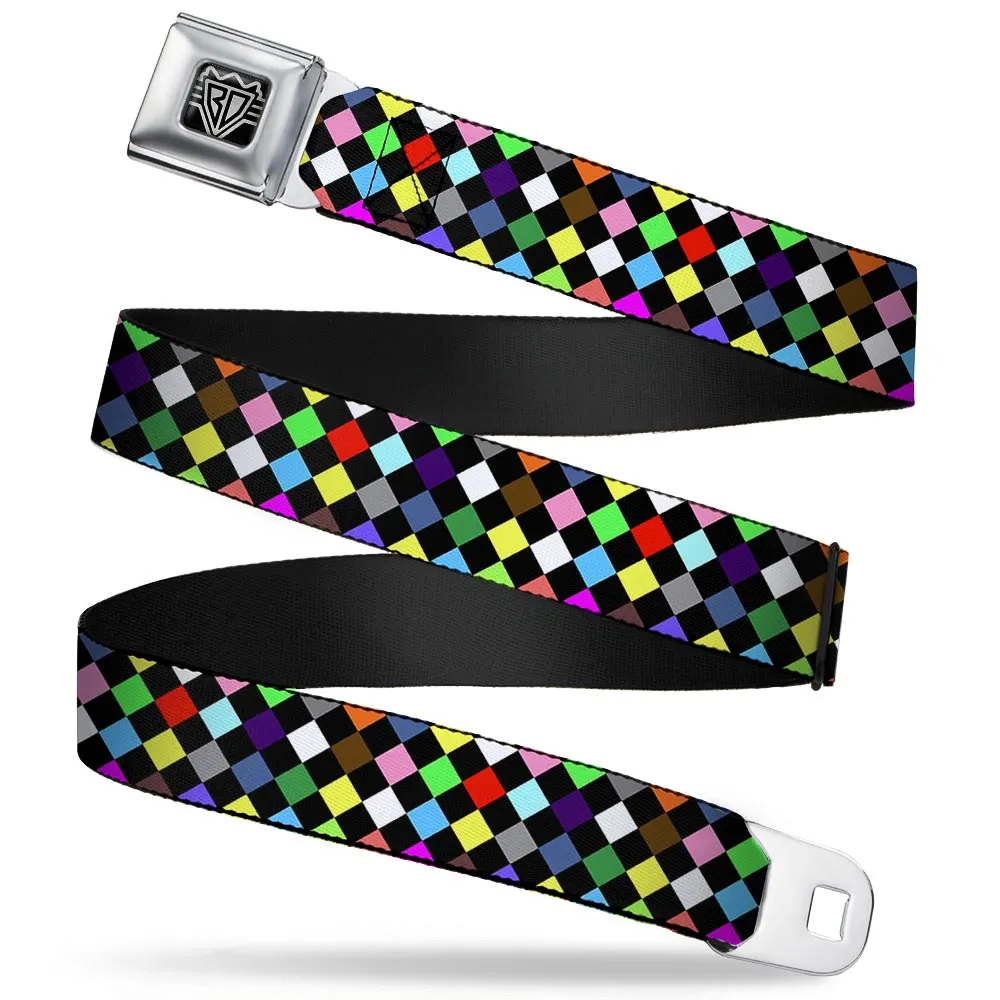 BD Wings Logo CLOSE-UP Full Color Black Silver Seatbelt Belt - Diamonds Black/Multi Color Webbing