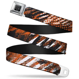 BD Wings Logo CLOSE-UP Full Color Black Silver Seatbelt Belt - Grunge Tread Orange Webbing