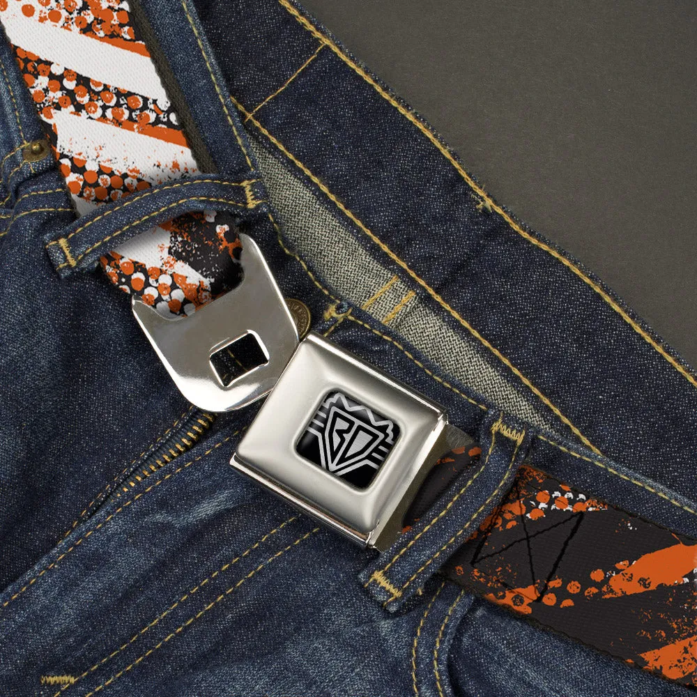 BD Wings Logo CLOSE-UP Full Color Black Silver Seatbelt Belt - Grunge Tread Orange Webbing