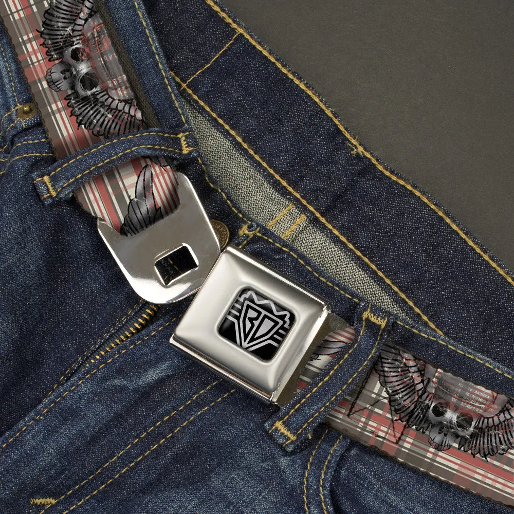 BD Wings Logo CLOSE-UP Full Color Black Silver Seatbelt Belt - Irish Skulls/Plaid Webbing
