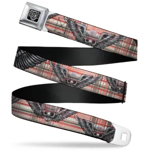 BD Wings Logo CLOSE-UP Full Color Black Silver Seatbelt Belt - Irish Skulls/Plaid Webbing