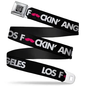 BD Wings Logo CLOSE-UP Full Color Black Silver Seatbelt Belt - LOS F*CKIN' ANGELES Mustache Black/White/Pink Webbing