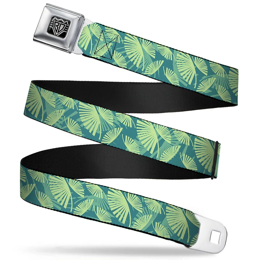 BD Wings Logo CLOSE-UP Full Color Black Silver Seatbelt Belt - Palm Leaves Stacked Pastel Greens Webbing