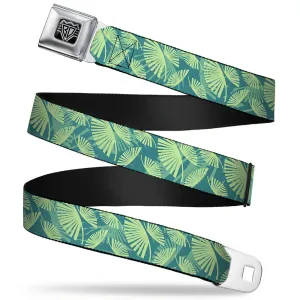 BD Wings Logo CLOSE-UP Full Color Black Silver Seatbelt Belt - Palm Leaves Stacked Pastel Greens Webbing
