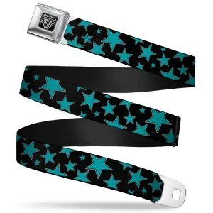 BD Wings Logo CLOSE-UP Full Color Black Silver Seatbelt Belt - Stars/Multi Stars Black/Turquoise Webbing