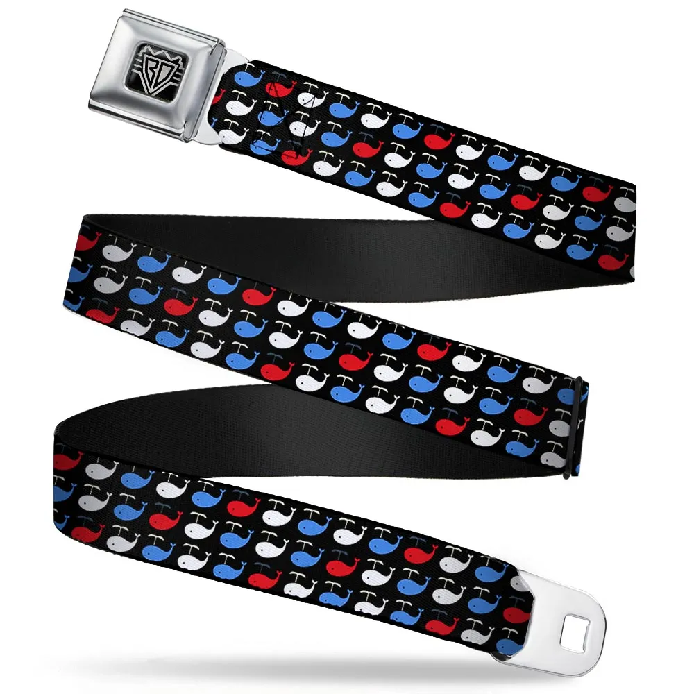 BD Wings Logo CLOSE-UP Full Color Black Silver Seatbelt Belt - Whales Navy/Red/White/Blue Webbing