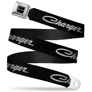 CHARGER Script Emblem Corner Full Color Black Silver Fade White Seatbelt Belt - CHARGER Script Emblem Corner Black/Silver Fade/White Webbing