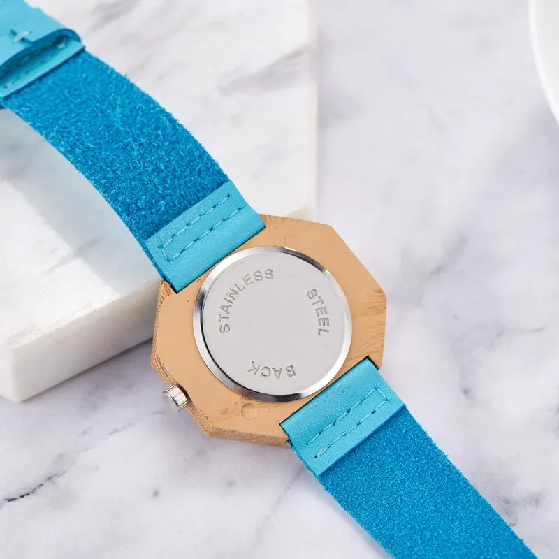 Creative Imitation Wood Quartz Blue Dial Hexagon Case Watches