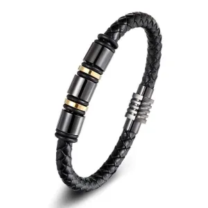 Genuine Leather Bracelet for Men Black Stainless Steel Magnetic Clasp Cuff Bangle 8.5 Inch