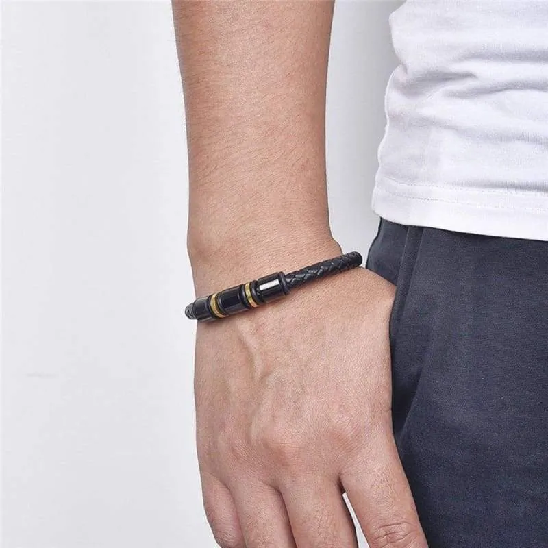 Genuine Leather Bracelet for Men Black Stainless Steel Magnetic Clasp Cuff Bangle 8.5 Inch
