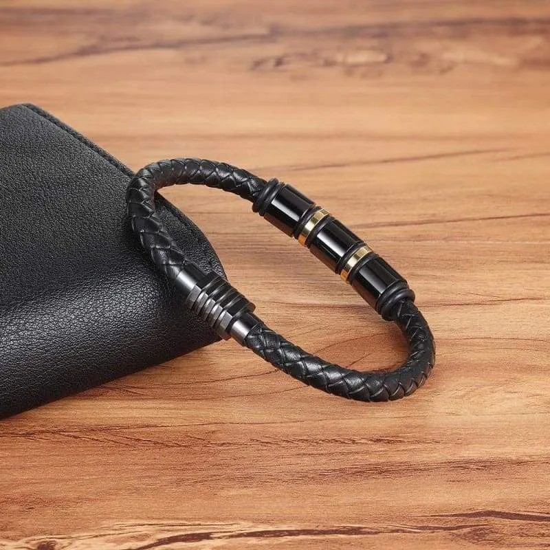 Genuine Leather Bracelet for Men Black Stainless Steel Magnetic Clasp Cuff Bangle 8.5 Inch