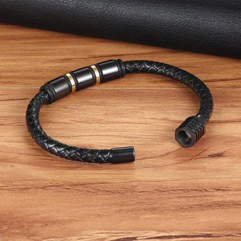 Genuine Leather Bracelet for Men Black Stainless Steel Magnetic Clasp Cuff Bangle 8.5 Inch