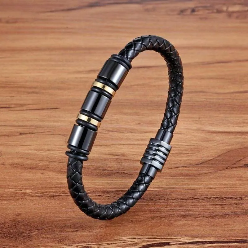 Genuine Leather Bracelet for Men Black Stainless Steel Magnetic Clasp Cuff Bangle 8.5 Inch