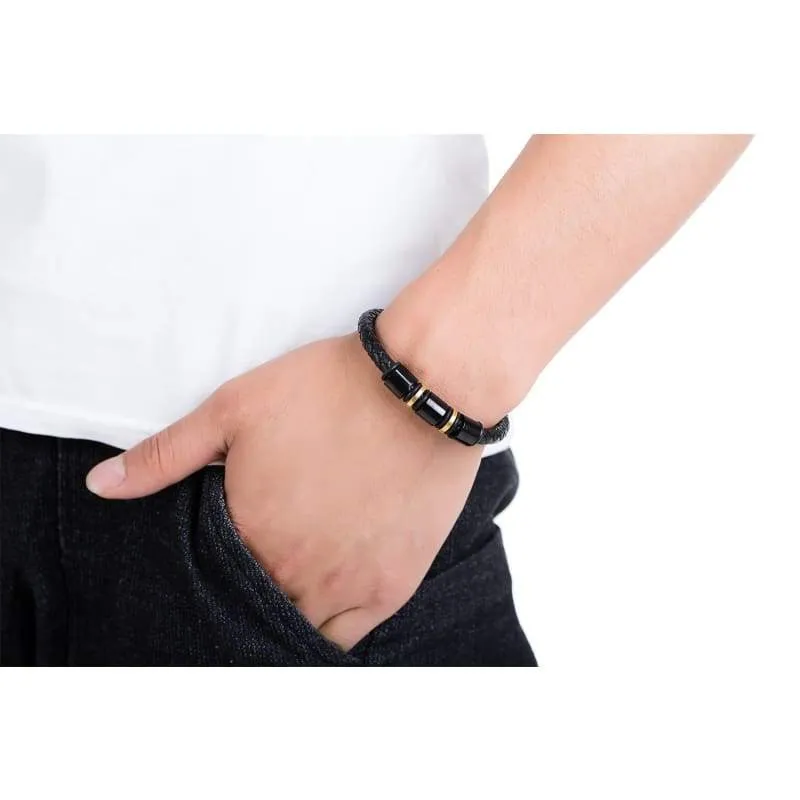 Genuine Leather Bracelet for Men Black Stainless Steel Magnetic Clasp Cuff Bangle 8.5 Inch