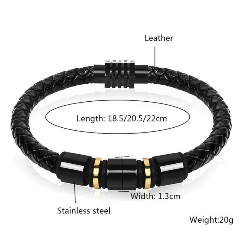 Genuine Leather Bracelet for Men Black Stainless Steel Magnetic Clasp Cuff Bangle 8.5 Inch