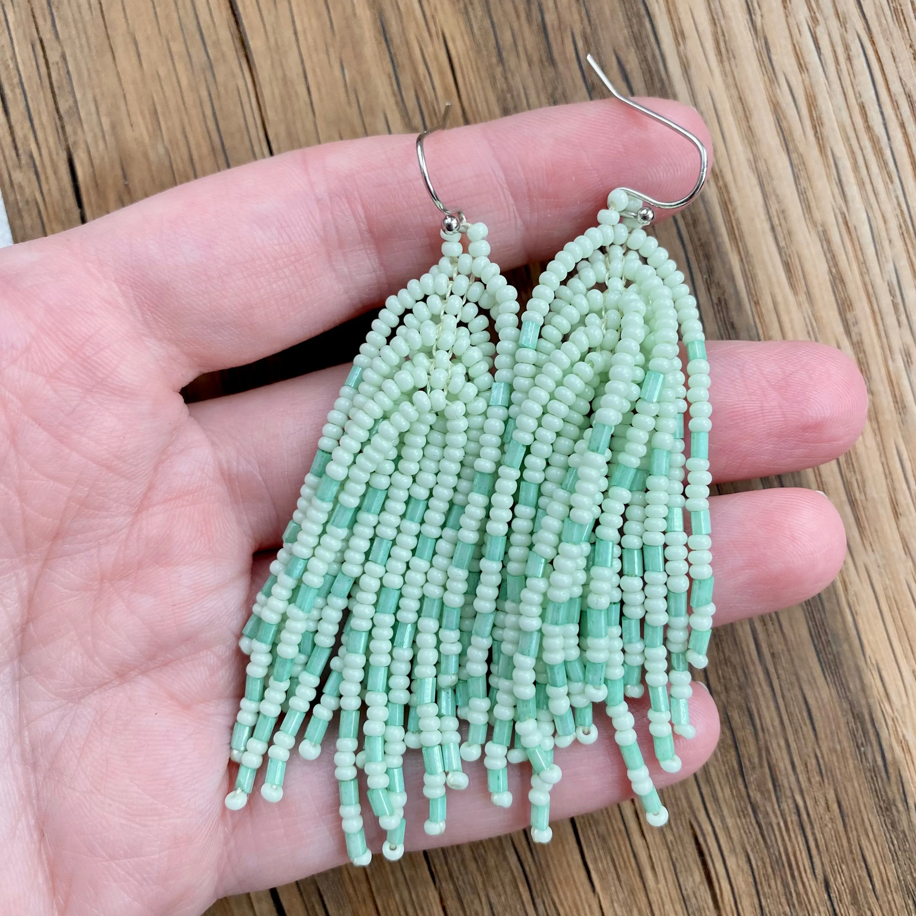 Handmade Mint Seed Beaad Tassel Earrings for Women in boho hippie style, Long Light Green Tassle Earrings
