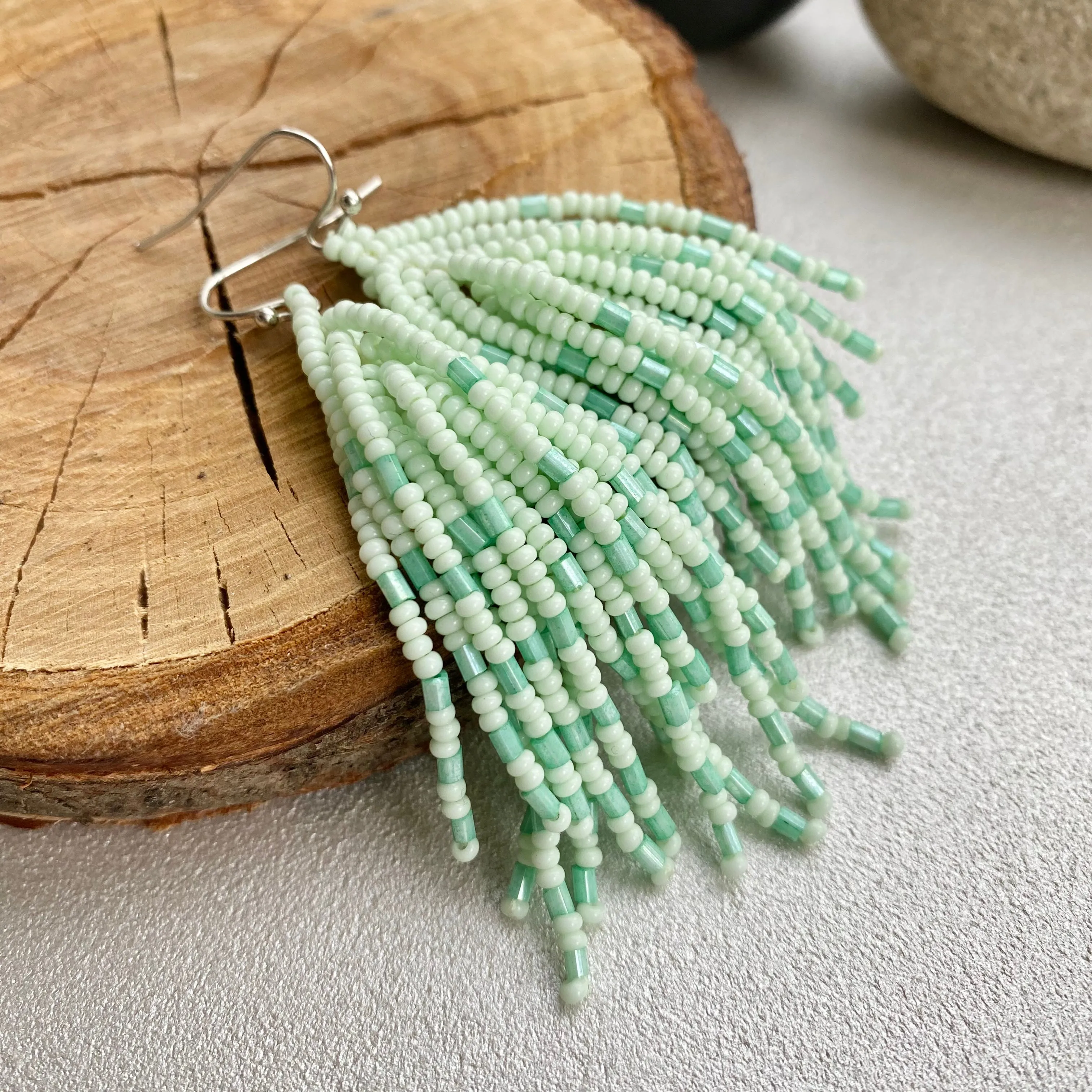 Handmade Mint Seed Beaad Tassel Earrings for Women in boho hippie style, Long Light Green Tassle Earrings