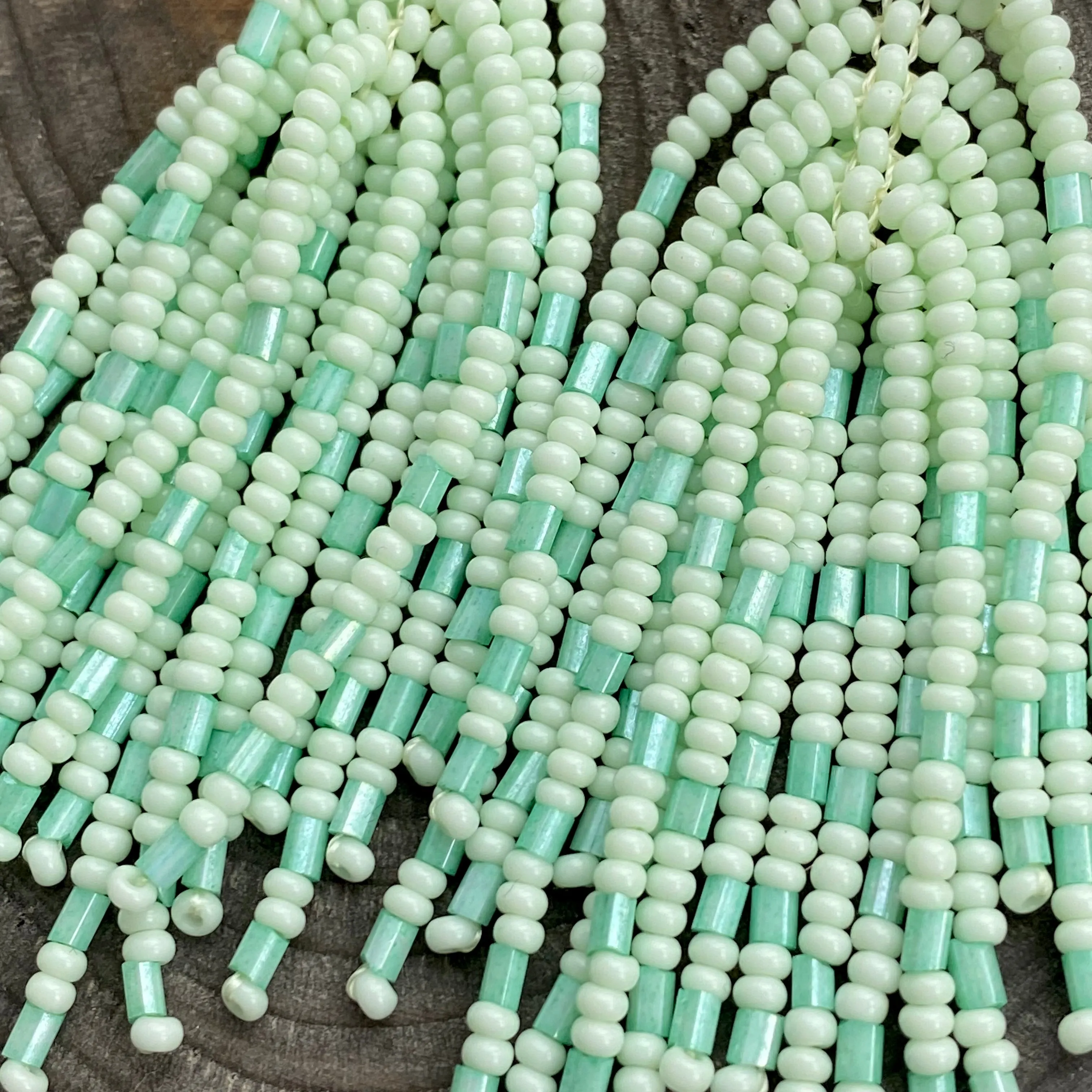 Handmade Mint Seed Beaad Tassel Earrings for Women in boho hippie style, Long Light Green Tassle Earrings