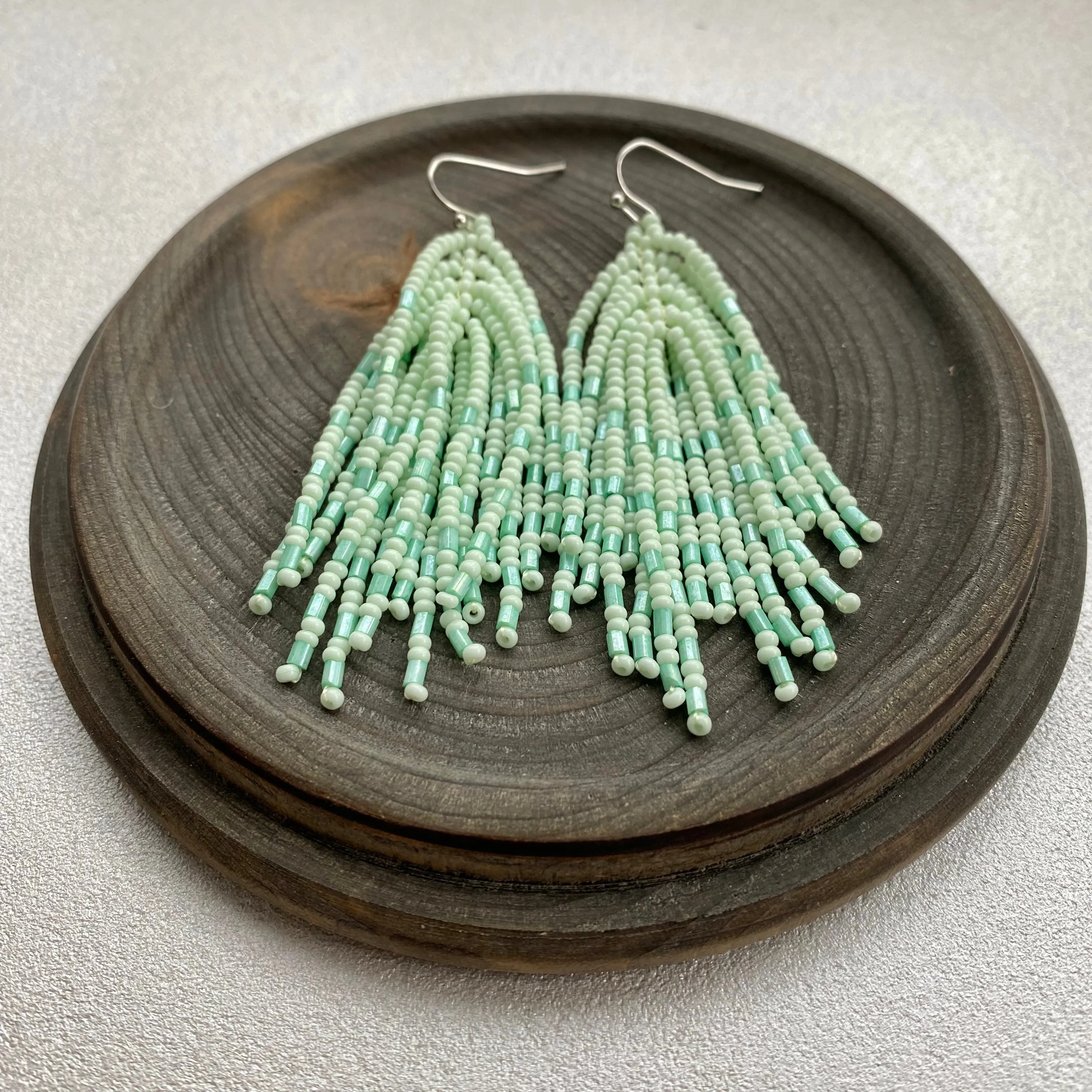 Handmade Mint Seed Beaad Tassel Earrings for Women in boho hippie style, Long Light Green Tassle Earrings