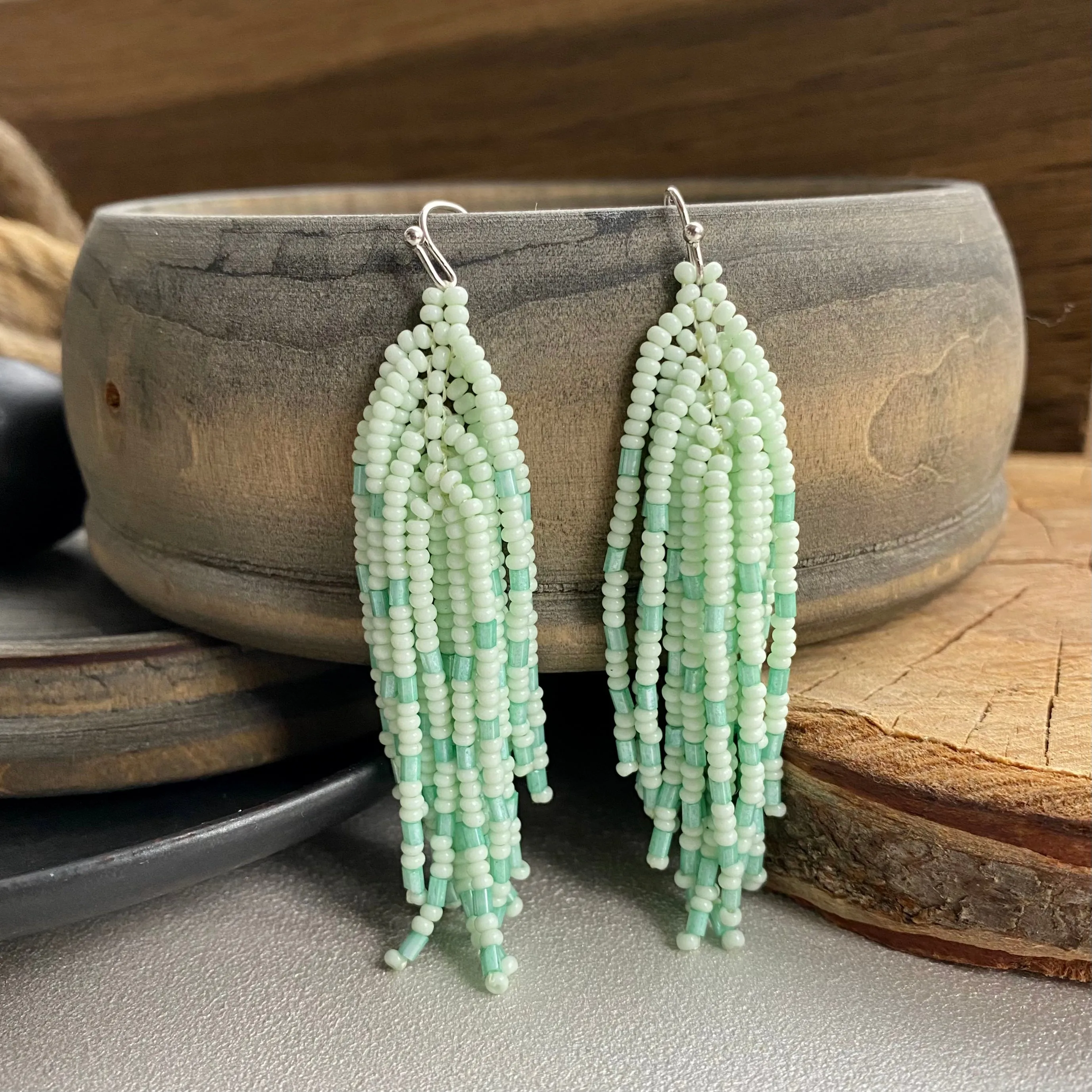 Handmade Mint Seed Beaad Tassel Earrings for Women in boho hippie style, Long Light Green Tassle Earrings