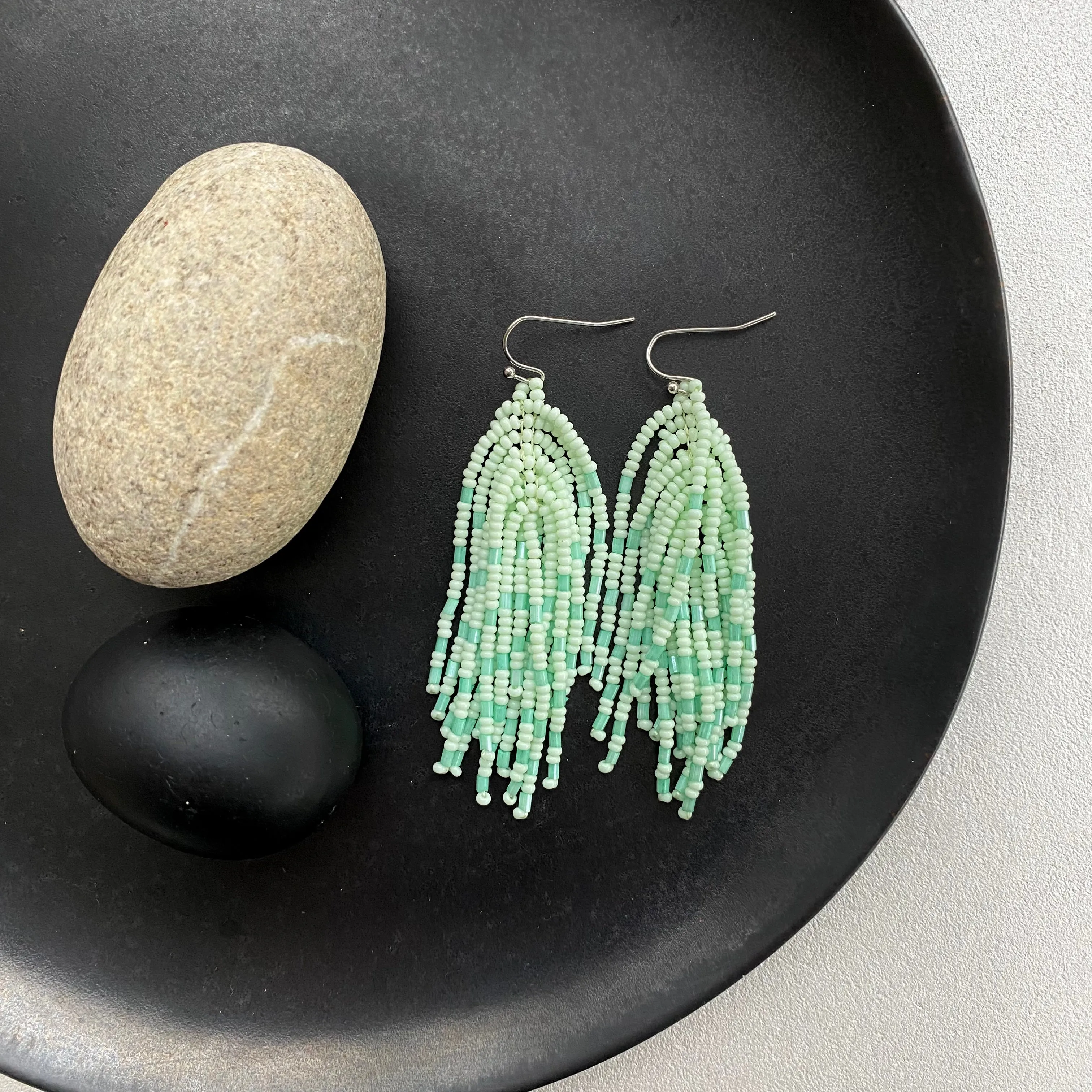 Handmade Mint Seed Beaad Tassel Earrings for Women in boho hippie style, Long Light Green Tassle Earrings
