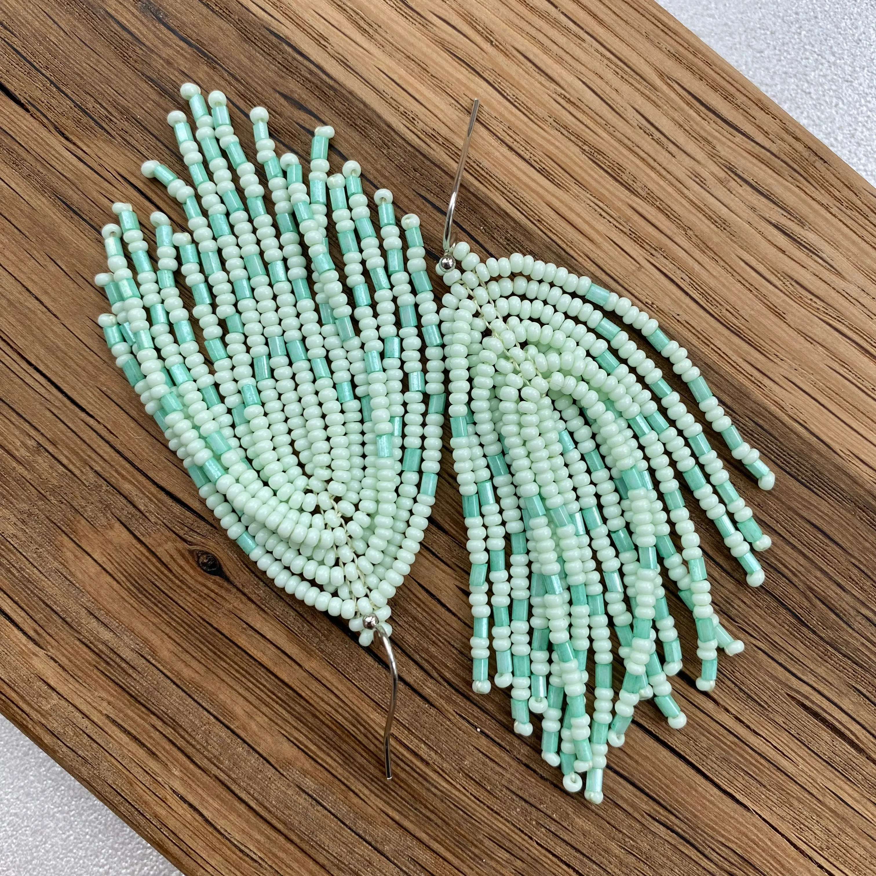 Handmade Mint Seed Beaad Tassel Earrings for Women in boho hippie style, Long Light Green Tassle Earrings
