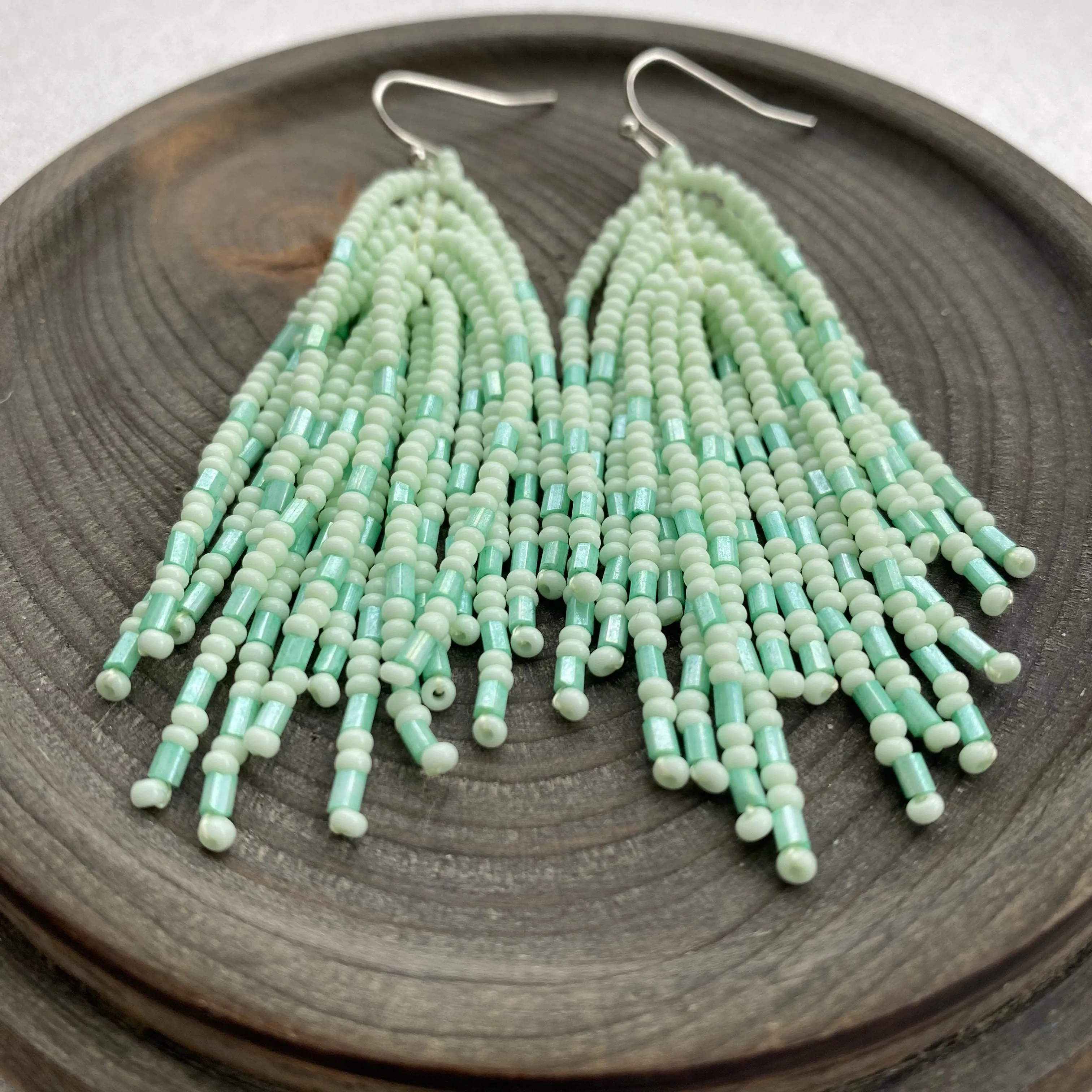 Handmade Mint Seed Beaad Tassel Earrings for Women in boho hippie style, Long Light Green Tassle Earrings