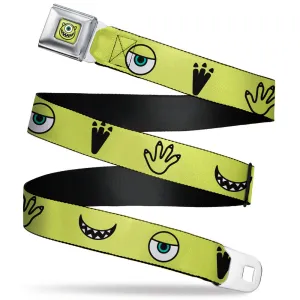 Monsters Inc. Mike Smiling Face Full Color Greens/Black/White Seatbelt Belt - Monsters Inc. Mike 4-Icons Greens/Black/White Webbing