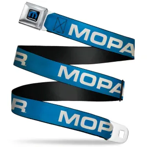 MOPAR Logo Full Color Black/Blue/White Seatbelt Belt - MOPAR Text Blue/White Webbing