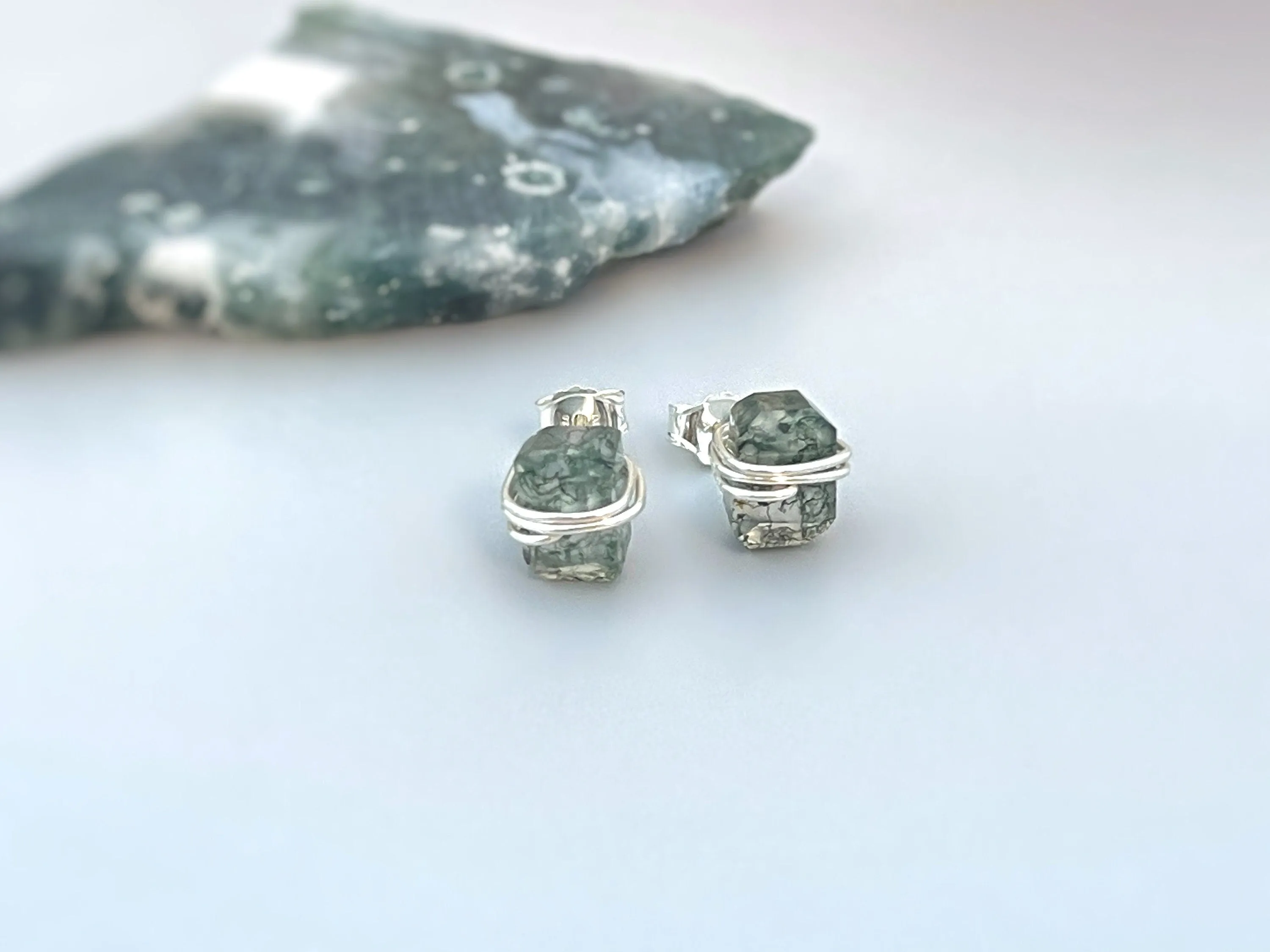 Moss Agate Stud Earrings Rose Gold, 14k gold Fill,  Sterling Silver