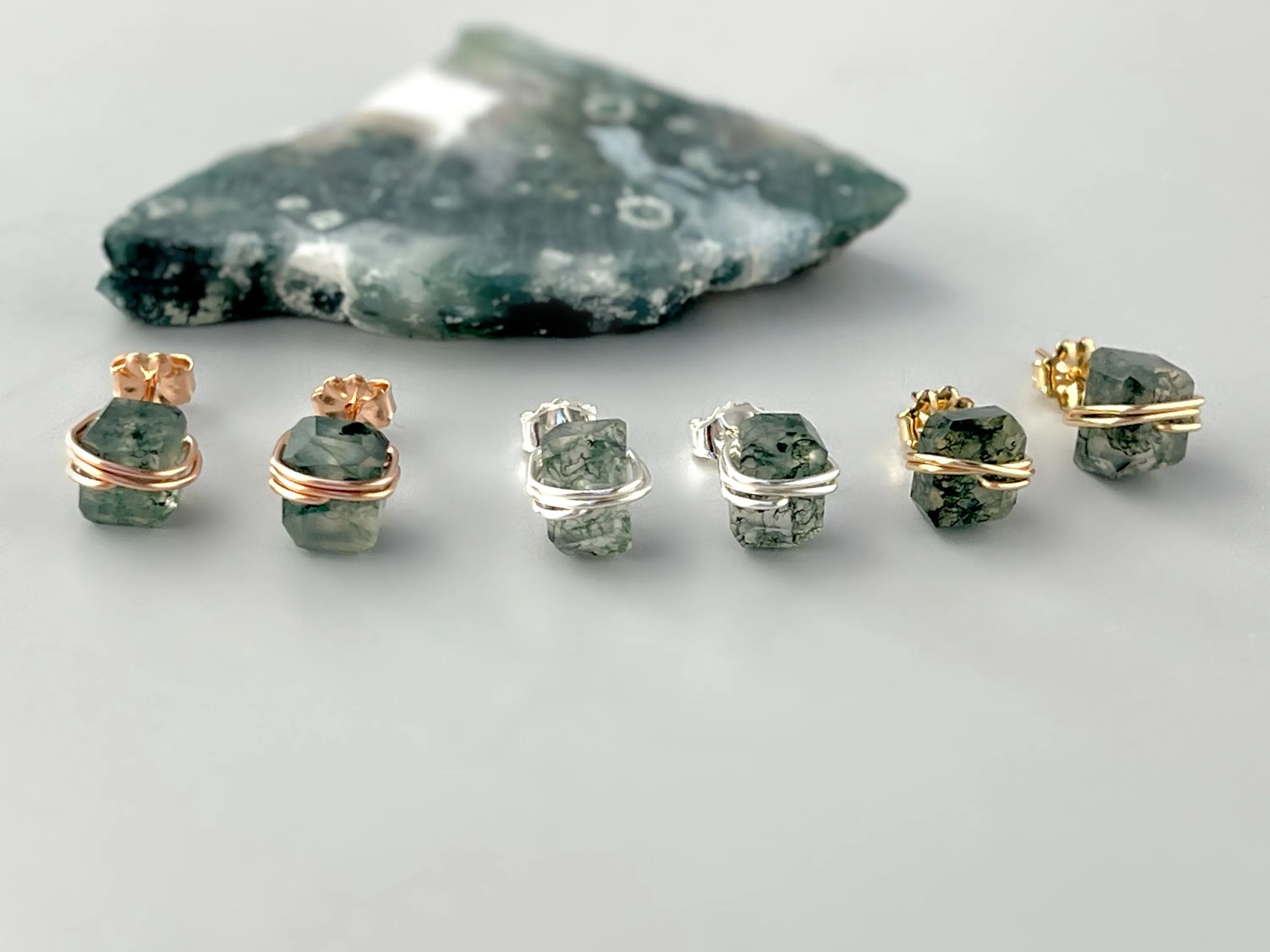 Moss Agate Stud Earrings Rose Gold, 14k gold Fill,  Sterling Silver