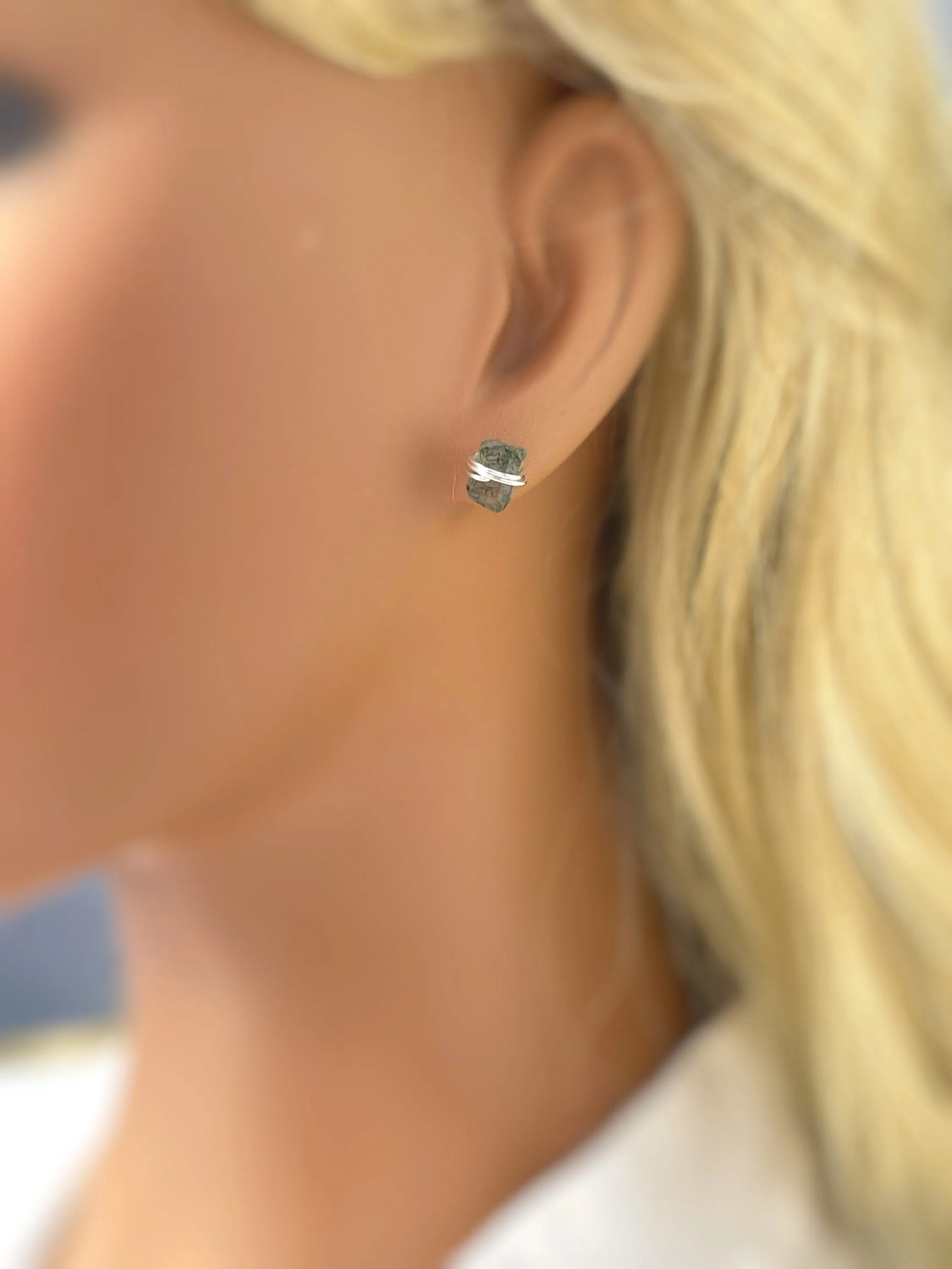 Moss Agate Stud Earrings Rose Gold, 14k gold Fill,  Sterling Silver
