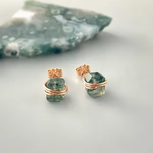 Moss Agate Stud Earrings Rose Gold, 14k gold Fill,  Sterling Silver