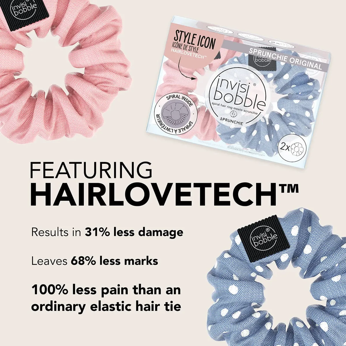 Sprunchies Invisibobble Hair Tie Scrunchies with Spirals Softer on Hair, 2 Pack